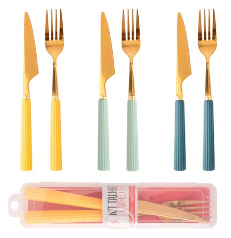 ESTOJO PORTÁTIL COM 1 FACA E 1 GARFO DE AÇO INOX DOURADO - CLINK