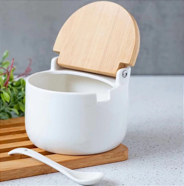 SALEIRO DE MESA DE CERÂMICA COM TAMPA DE BAMBU E COLHER BIANCO 10X9CM 290ML - LYOR