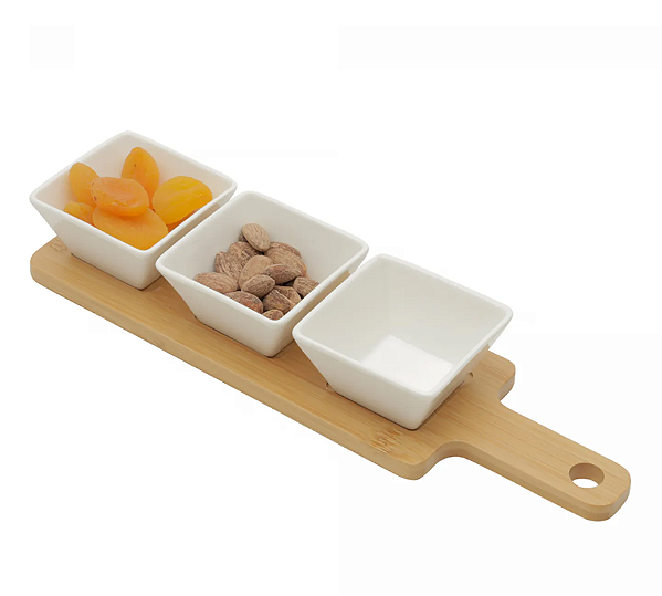 KIT 3 PETISQUEIRAS DE CERÂMICA COM BANDEJA DE BAMBU 31CM X 9CM - WOLFF