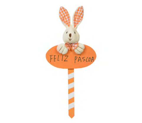 PLACA DECORATIVA COM COELHO DE PELÚCIA LARANJA 28CM - FLORARTE