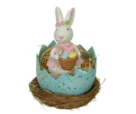 ENFEITE DECORATIVO DE RESINA COELHO COM NINHO 13X9CM - FLORARTE