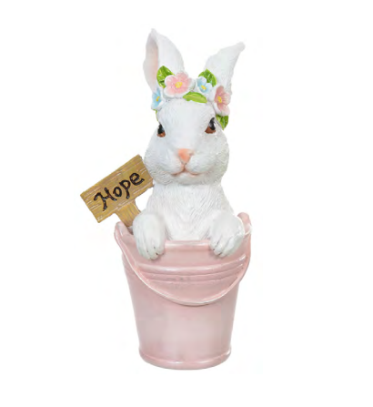 OBJETO DECORATIVO DE RESINA COELHO NO BALDE (ROSA BRANCO) 14,8X6,8X7,7 - FLORARTE