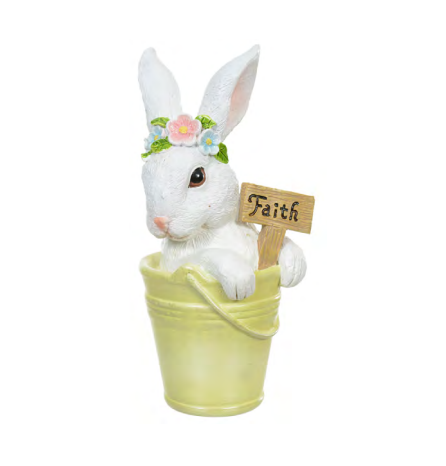 OBJETO DECORATIVO DE RESINA COELHO NO BALDE (AMARELO BRANCO) 14,8X6,8X7,7 - FLORARTE