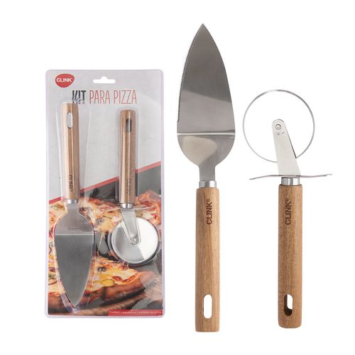 KIT DE CORTADOR E PEGADOR DE PIZZA EM AÇO INOX COM CABO DE MADEIRA - CLINK