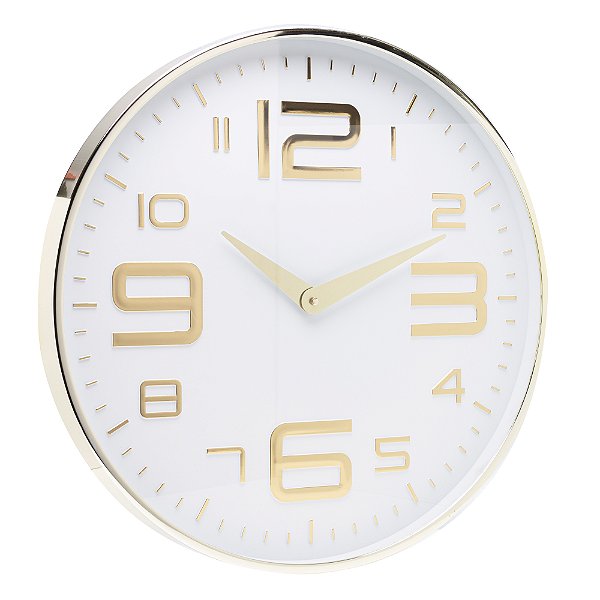 RELOGIO DE PAREDE EM PLASTICO BRANCO COM DOURADO 30,5cm x 4,3cm - LYOR