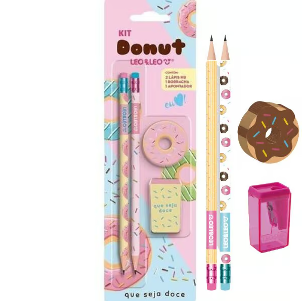 KIT ESCOLAR DONUT 2 LÁPIS HB APONTADOR E BORRACHA - LEO E LEO
