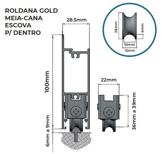 GOLD INOX ROL07 200Kg Roldana para linha Gold trilho redondo ou meia cana