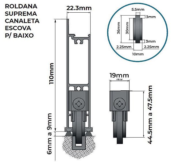 SUPREMA INOX ROL17 150Kg Roldana para linha Suprema trilho U canaleta