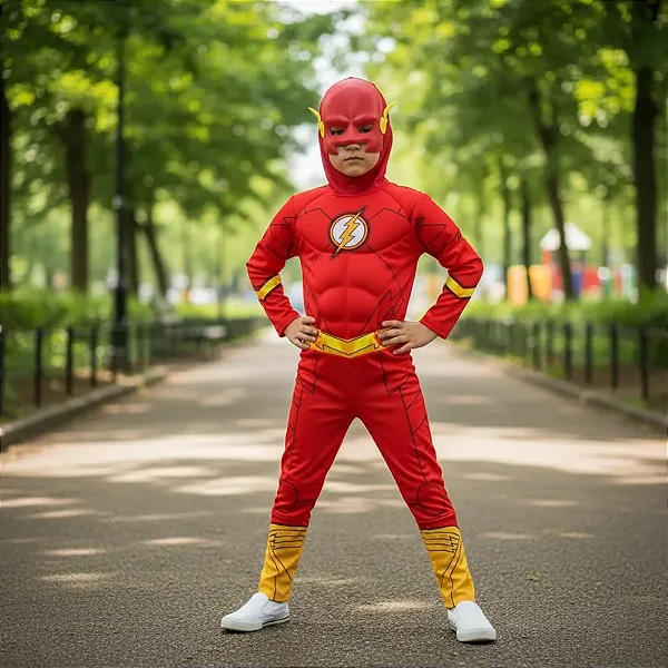 Fantasia Flash Luxo Infantil Longa Com Máscara Capuz Cinto