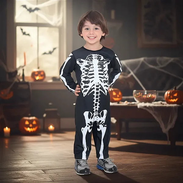 Fantasia Esqueleto Bebê Infantil Caveira Osso Longa Halloween