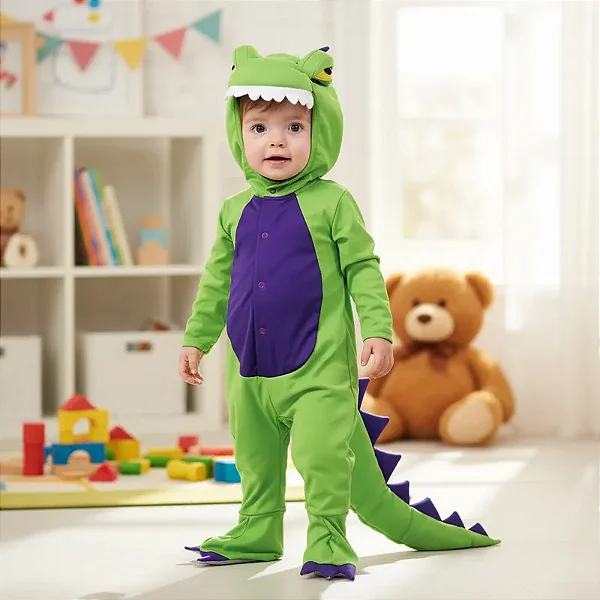 Fantasia Bebê Dinossauro Macacão Com Capuz Infantil Animais