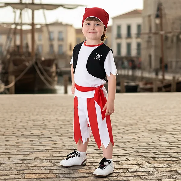 Fantasia De Pirata Bebê Com Bandana Colete Bermuda Infantil