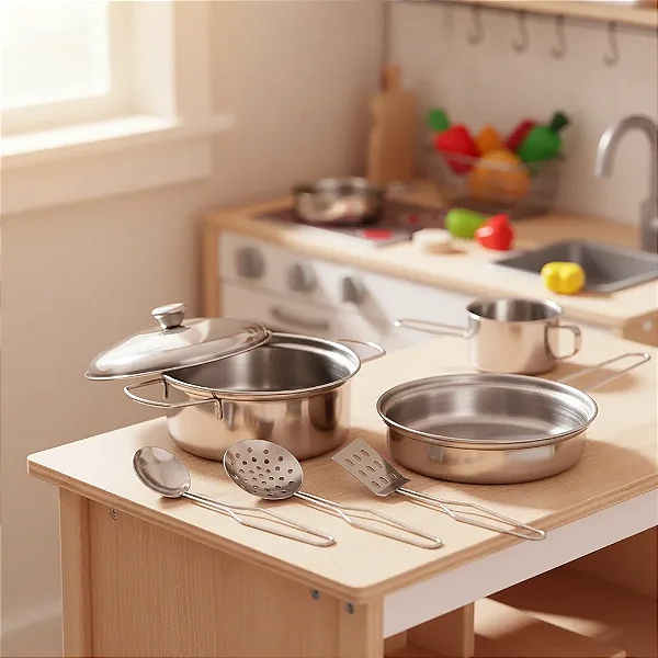 Jogo De Cozinha Infantil Panelas Escorredor Inox Brinquedo