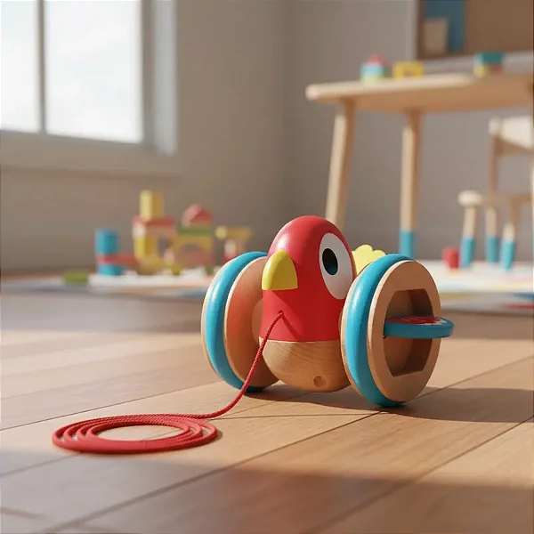 Passaro Bebe Baby Com Rodas De Madeira Corda De Puxar