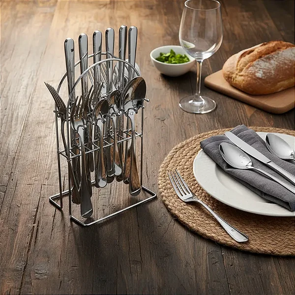 Faqueiro Com Suporte Kit 24 Peças Serve 6 Pessoas Aço Inox