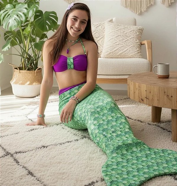 Cauda de Sereia Completa para Nadar + Nadadeira Concha Verde