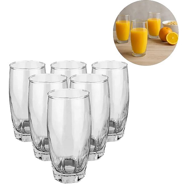 Jogo 6 Copos Vidro Água Suco Vinho Refrigerante Bebida 365ml