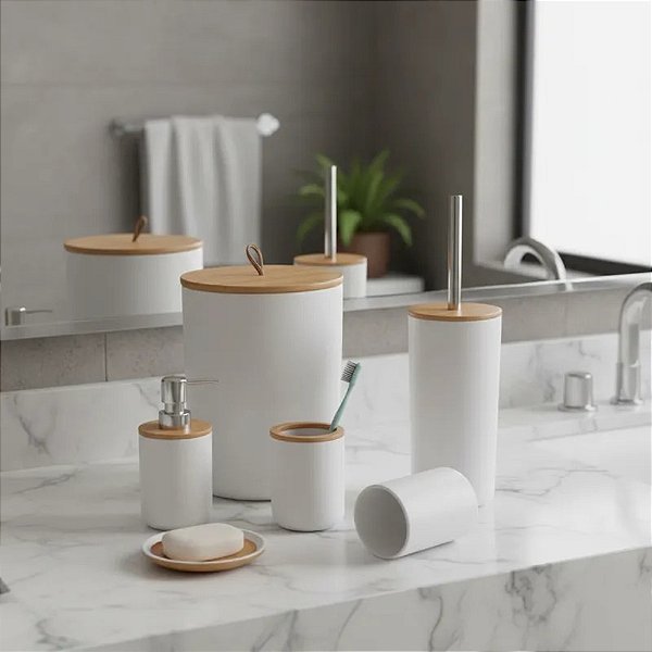 Kit Banheiro Com Tampa De Bambu Com 6 Peças Lixeira Fechada