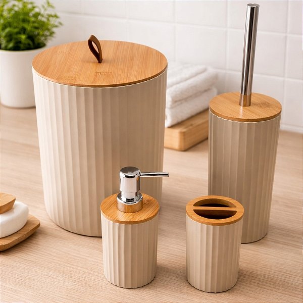 Kit Banheiro Lixeira 4 Peças Luxo Tampa Bambu Porta Escova