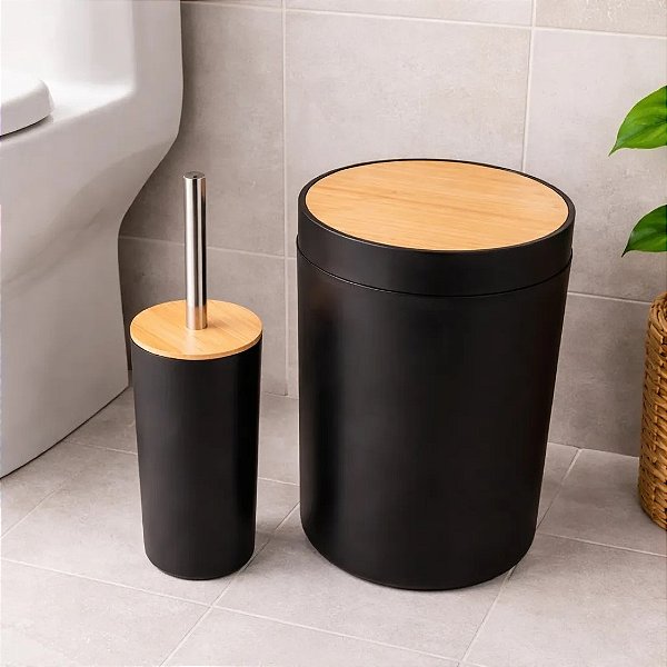Kit Banheiro 2pçs Lixeira C/ Tampa Bambu E Escova Sanitária