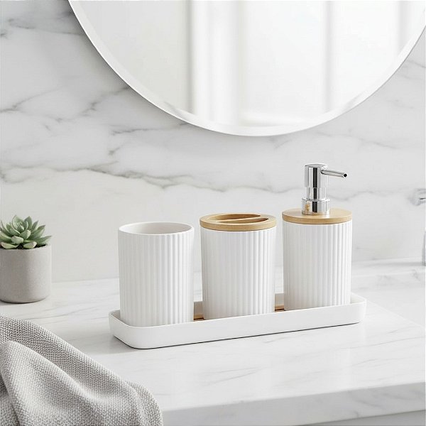 Kit Banheiro Porta Escova Cotonet Dispenser Sabonete Organiz