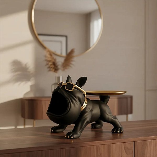 Escultura Cachorro Bulldog Porta Treco Com Bandeja Decoração