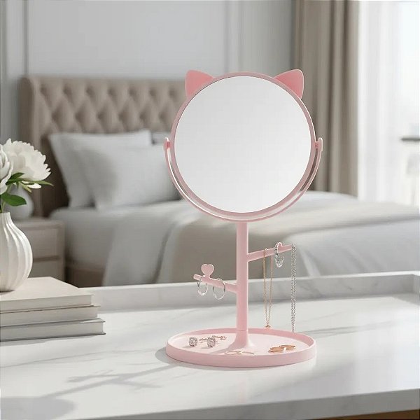 Espelho De Mesa Redondo Gatinho Com Suporte De Joias