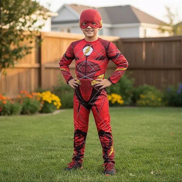 Fantasia Flash Infantil Luxo Longa com Músculo Liga Justiça