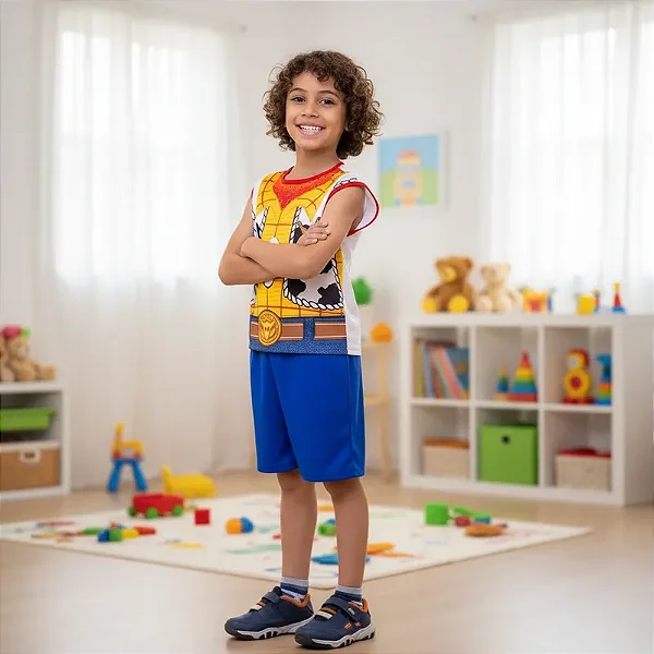 Fantasia Woody Regata Curta Cowboy Toystory Macacão Infantil