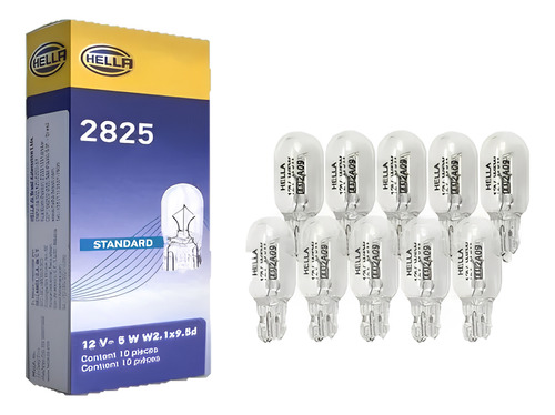Kit 10 Lâmpadas T10 2825 12v 5w Hella Pingão Caixa Fechada