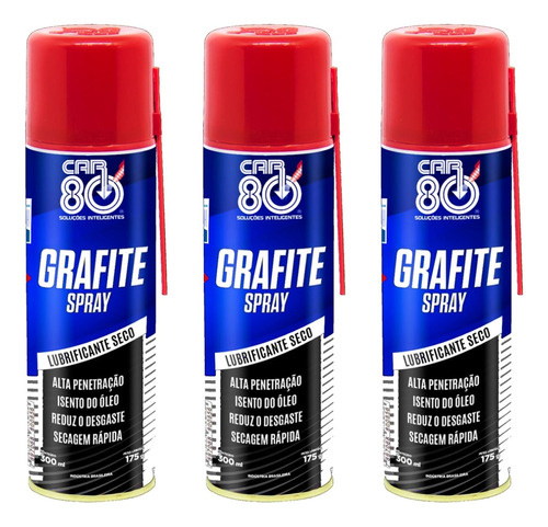 3x Grafite Spray Car 80 Lubrificante A Seco 300ml Uso Geral