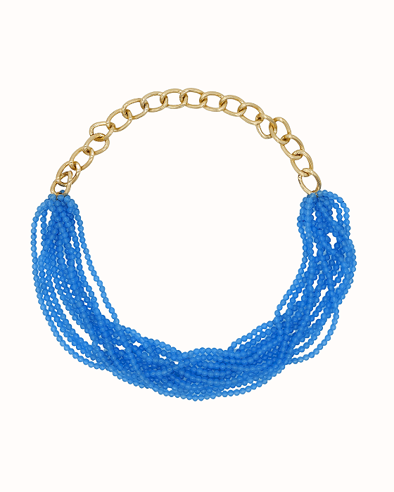 Colar Curto com Fios de Ágata Azul e Corrente Banhada à Ouro