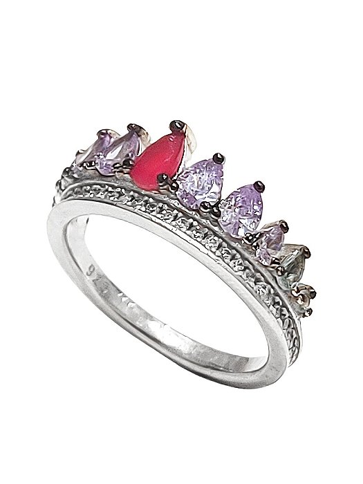 Anel coroa em prata 925 com banho de ródio e zircônias