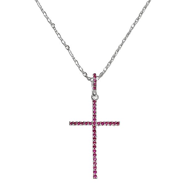 Corrente em prata 925 com pingente de cruz de zircônia rosa