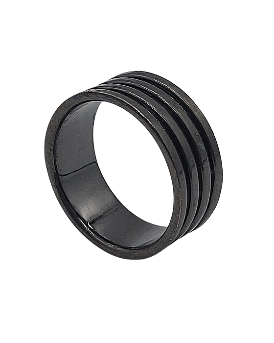 Anel de Prata Masculino com Linhas em Baixo-Relevo e Banho de Ouro Negro