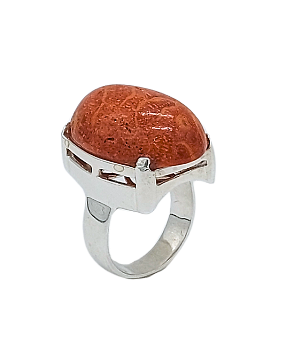 Anel de Prata com Coral Laranja