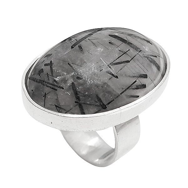 Anel em prata com pedra oval de cristal rutilado cabochão