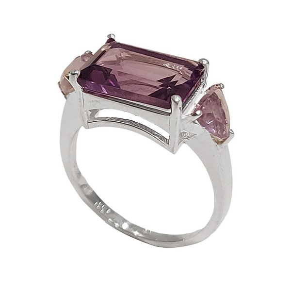 Anel de prata 925 delicado com ametista e quartzo rosa