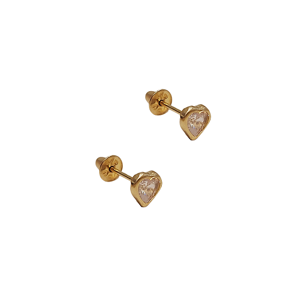 Brinco em ouro amarelo 18k com coração de zircônia branca 4mm