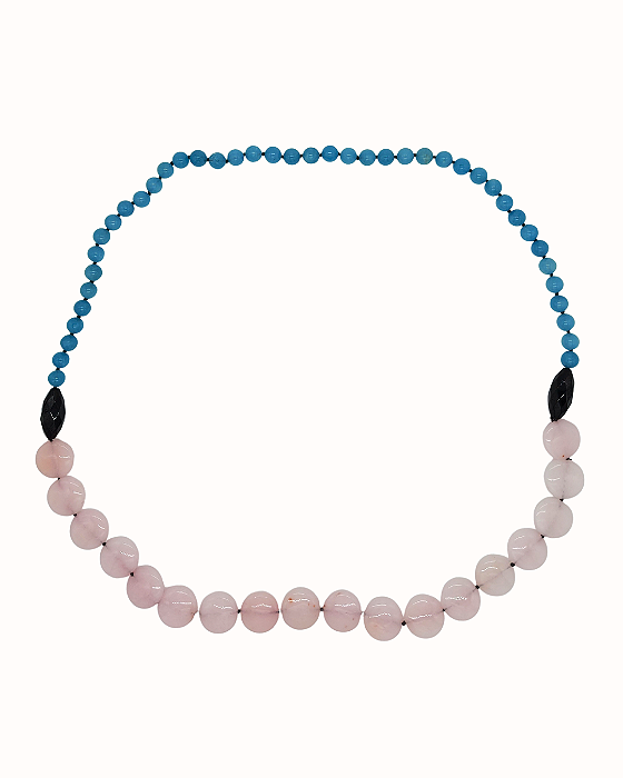 Colar Longo de Jade Azul e Rosa com Ônix