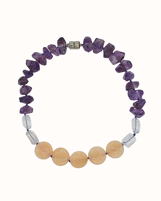 Colar Curto de Ametista, Jade e Cristal com Fecho de Ímã