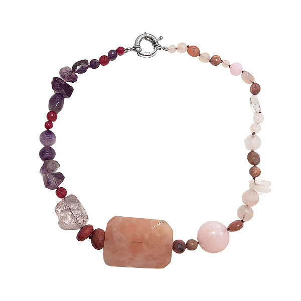 Colar de jade, rubi, ametista, cristal, quartzo rosa e jaspe