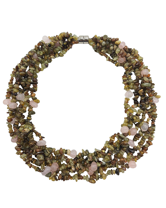 Colar de 6 Fios de Peridoto e Quartzo Rosa