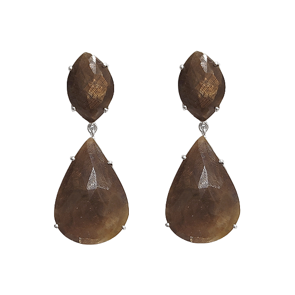 Brinco 5cm em prata com pedra natural bronzita