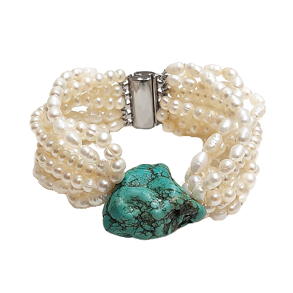 Pulseira 20cm de pérolas e turquesa