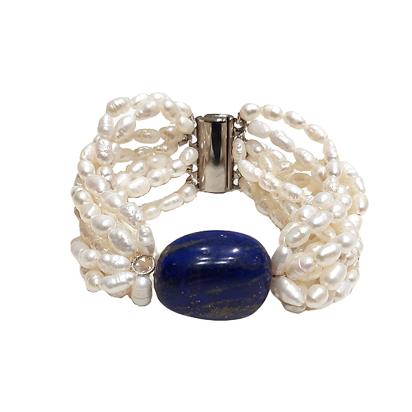 Pulseira 20cm com pérolas e lápis lazuli