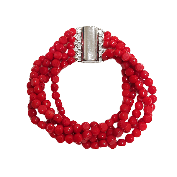 Pulseira 5 fios de pedra natural coral vermelho
