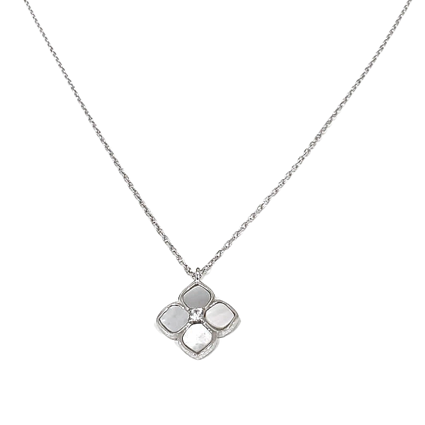 Corrente prata com pingente flor de madrepérola e zircônia