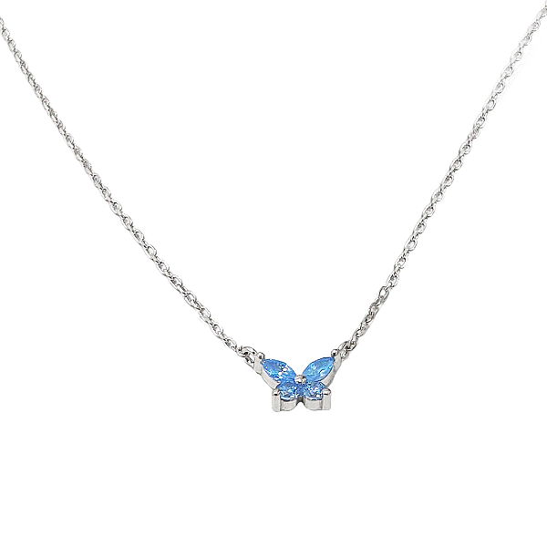 Corrente prata com pingente borboleta zircônia azul