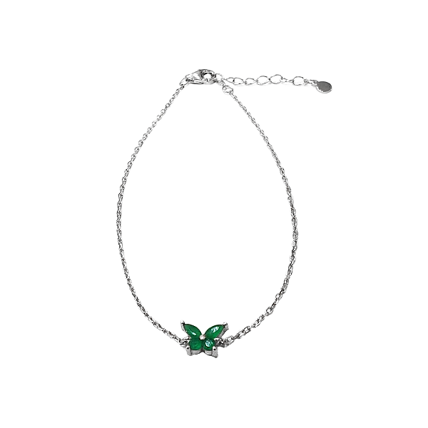 Pulseira prata 925 com ródio e borboleta de zircônia verde